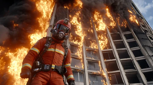 Heroic Firefighter in Action Amidst Skyscraper Fire