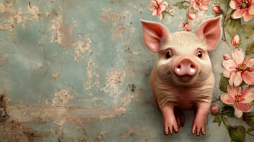 Whimsical Piglet Portrait with Floral Design