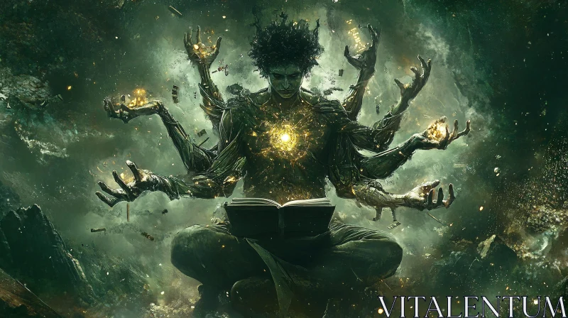 Meditative Wizard Reading Magic Book