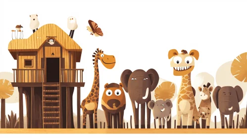 Jungle Treehouse and Happy Animals Illustration