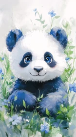 Cute Panda with Blue Flowers