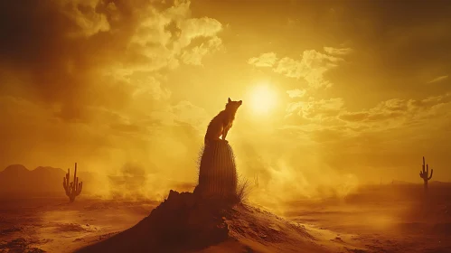 Golden Desert Silhouette: Wolf and Cactus