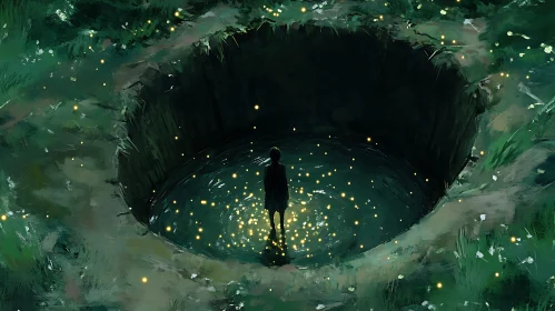 Mysterious Night Pond with Glowing Lights