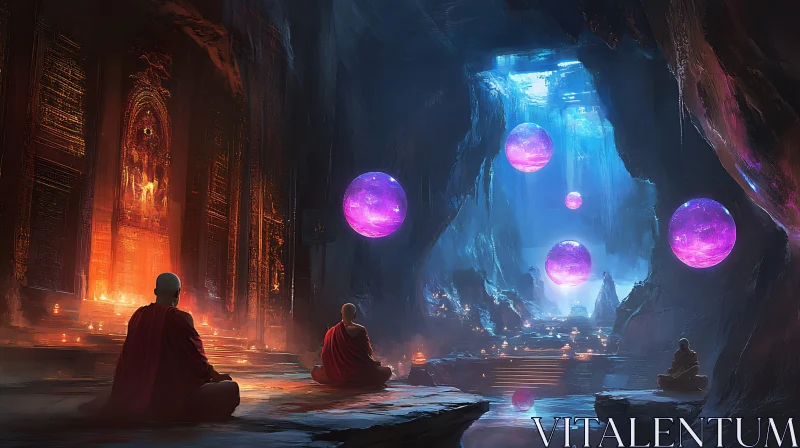 Meditative Monks in Ethereal Cave Setting