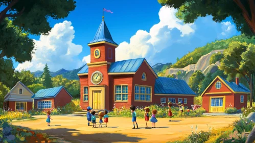 Cartoon Schoolhouse with Kids