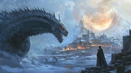 Winter Cityscape with Dragon and Figure