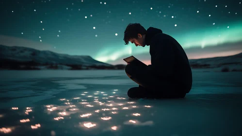 Night Reader in Winter Landscape