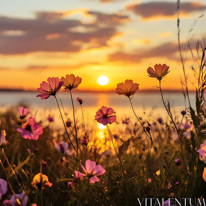 Cosmos Flowers in Sunset Light