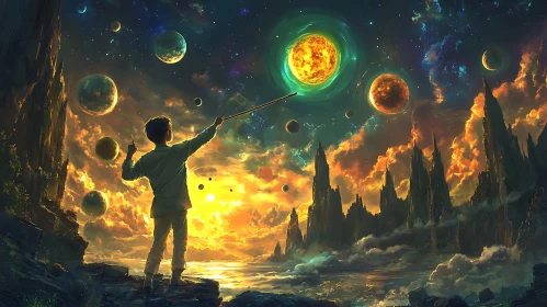 Boy Directing Planets in a Fantasy Landscape