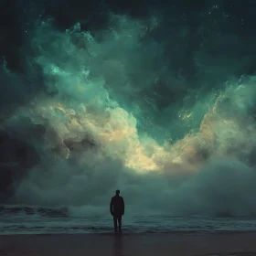 Man Facing Stormy Sky at Ocean Edge