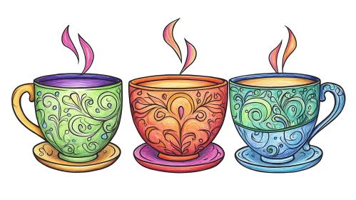 Three Steaming Tea Cups with Swirls