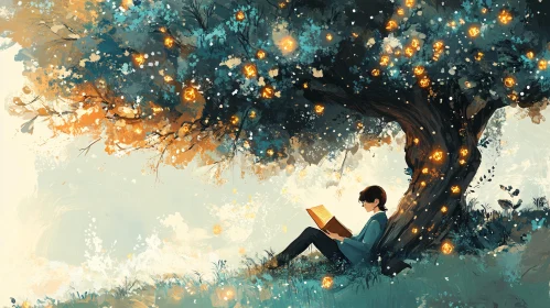 Boy Reading Book Under Glowing Tree