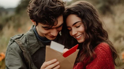 Smiling Couple Reading Letter Together