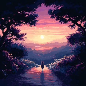 Pixel Art Sunset Landscape with Figure