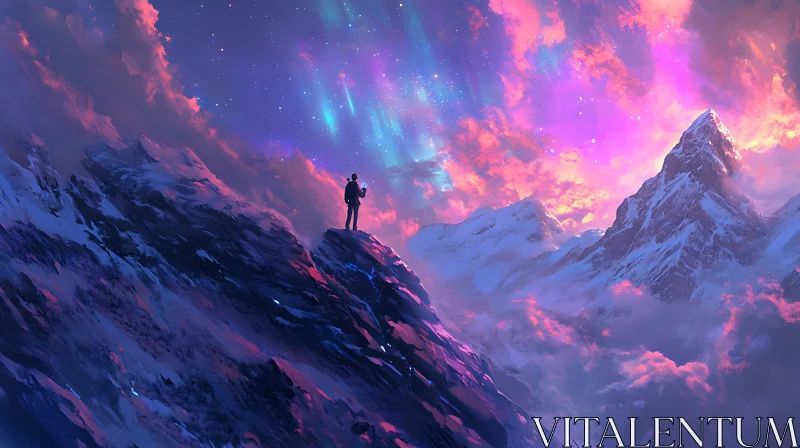 Night Sky Aurora Scenery Over Mountain AI Image