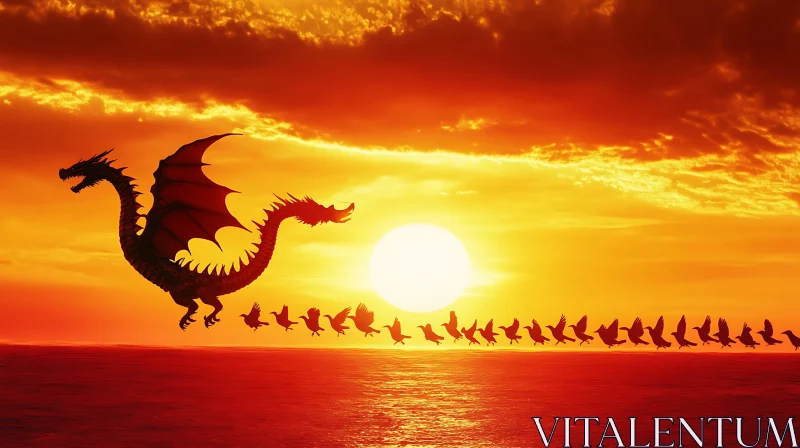 AI ART Dragon and Birds Silhouette at Sunset