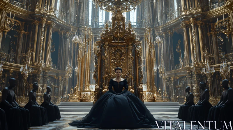 Regal Woman in Ornate Golden Hall