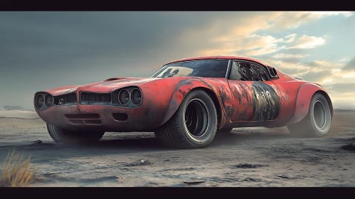 Classic Red Car in the Wasteland