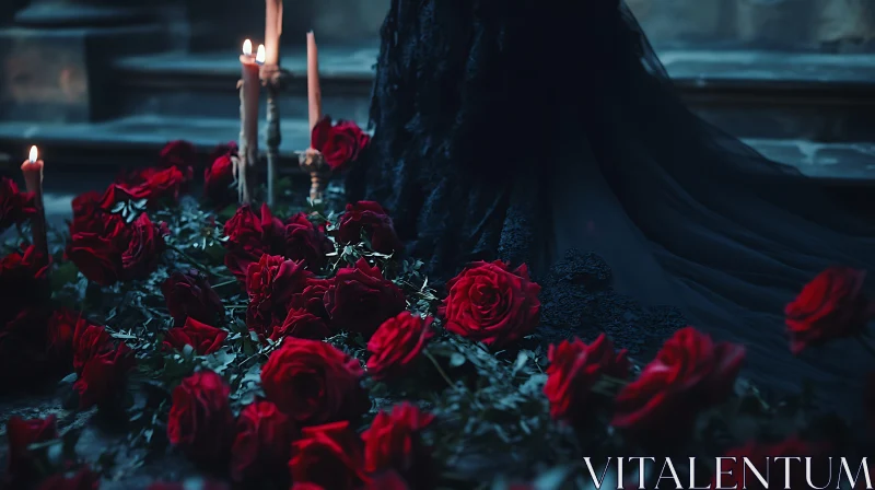 Red Roses and Candles in Dark Ambiance