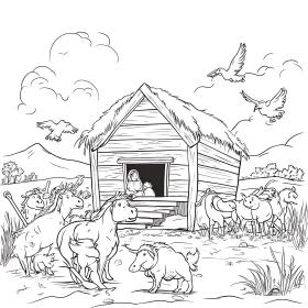 Farm Life Illustration: Goats, Barn, and Birds