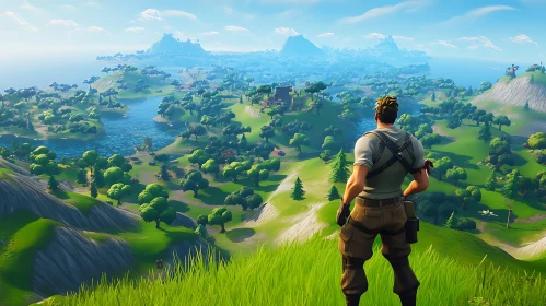 Character Overlooking Green Hills and Landscape