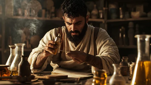 Man Studying Alchemy in Vintage Setting
