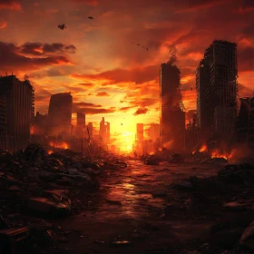 Fiery Sunset Over a Destroyed City
