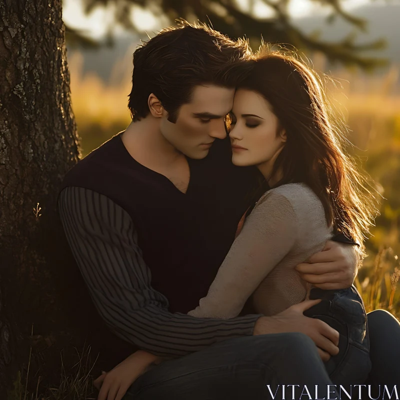 Couple's Intimate Moment by a Tree