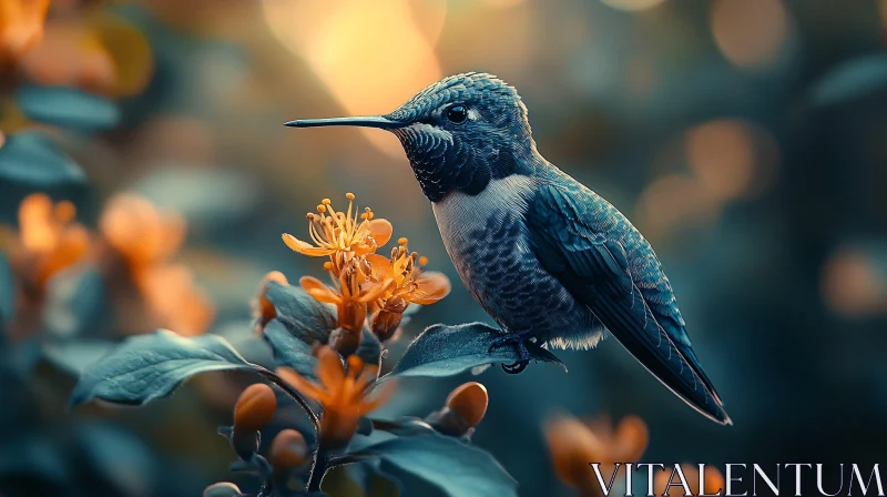 Resting Hummingbird with Orange Flowers