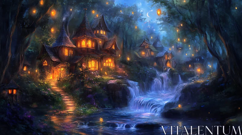 Luminous Homes in a Fairy-Tale Forest AI Image