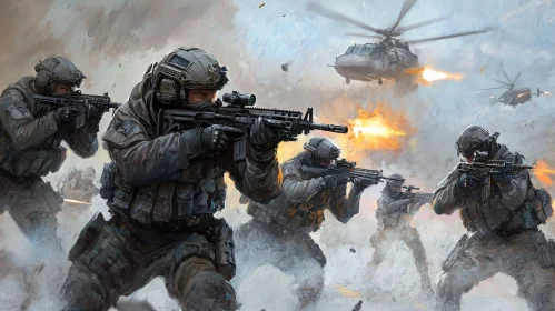 Soldiers in Combat with Helicopter Support