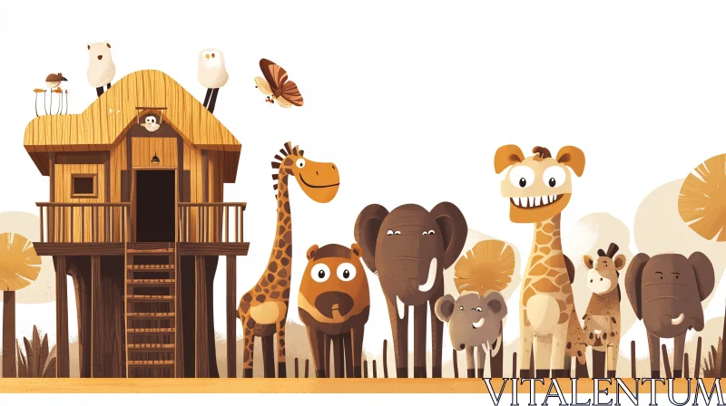 Jungle Treehouse and Happy Animals Illustration