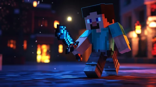 Pixelated Warrior in Urban Night Scene