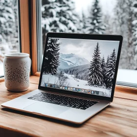 Serene Winter Landscape with Laptop and Mug