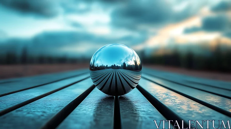 Sphere Reflecting Sky on Wooden Planks