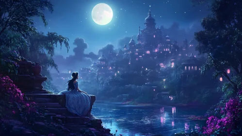 Woman Gazing at Castle Under Moonlight