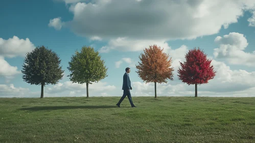 Autumnal Walk: A Man's Journey Through Seasonal Trees
