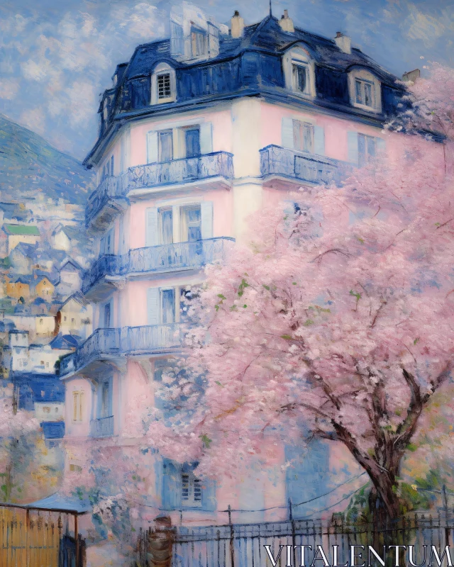 Spring Facade with Blooming Cherry