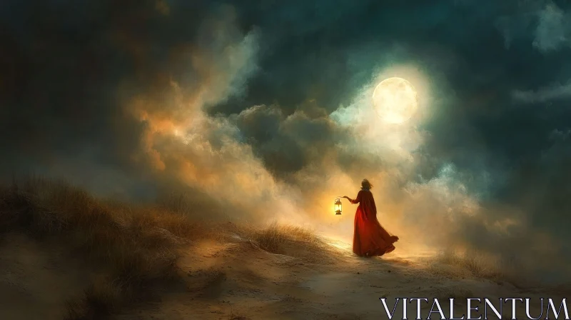 Lady with Glowing Lantern under Moonlight