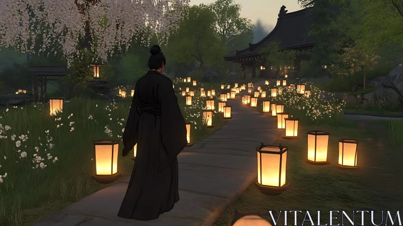 Woman Walking in Lantern Light Garden