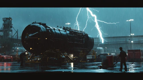 Monochromatic Industrial Landscape in Rain