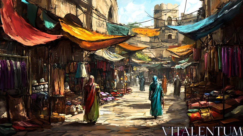 Vibrant Market Street with Colorful Textiles