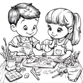 Sketch of Children Painting Together