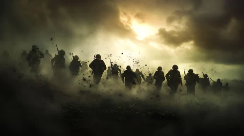 Warriors Advancing Through Smoke and Chaos