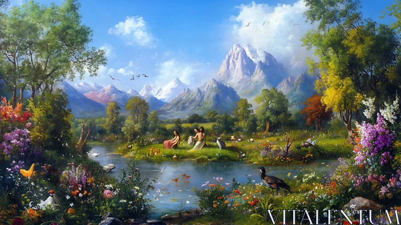 Peaceful Lake Scene with Figures and Mountains
