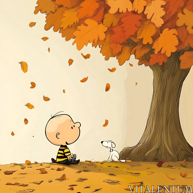 Charlie Brown Under Autumn Tree with Snoopy