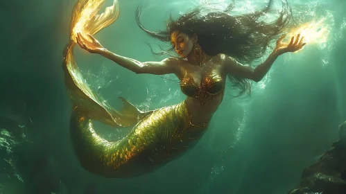 Golden Mermaid with Magical Light