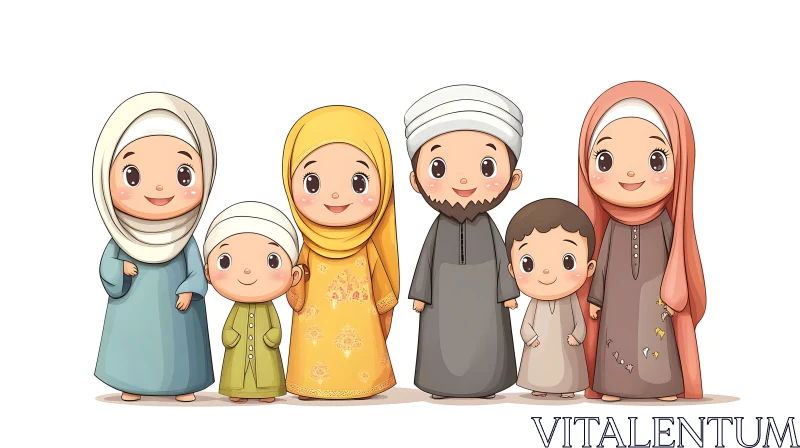 Charming Cartoon of a United Muslim Family