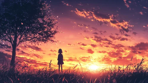 Sunset Silhouette in Grassy Field