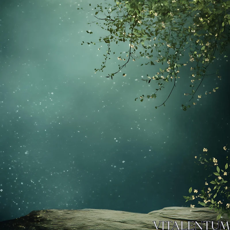 Misty Teal Nature Scene with Flowers